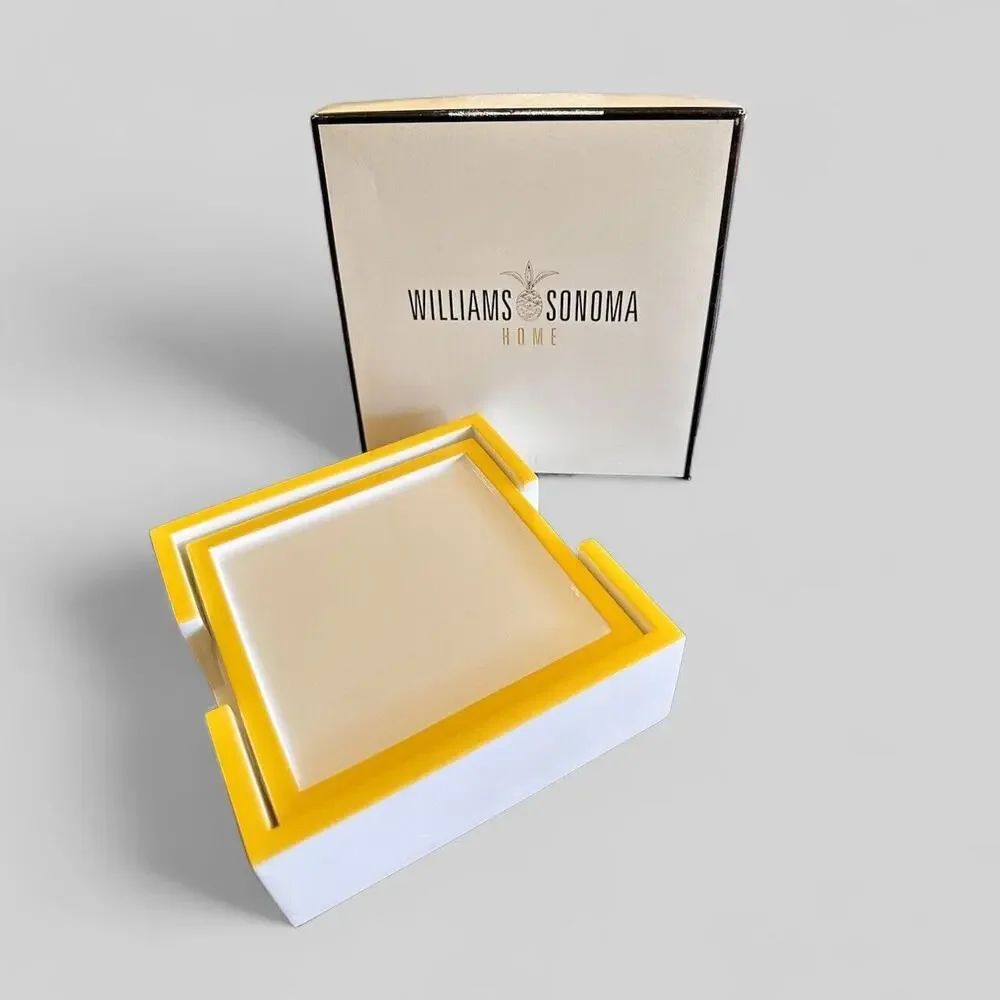 Williams Sonoma Coaster Set Of 4 Square White W/Yellow Trim Open Box